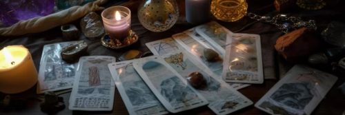 L'image montre des cartes de tarot étalées sur une table, entourées de bougies et de cristaux, suggérant un environnement de médium.